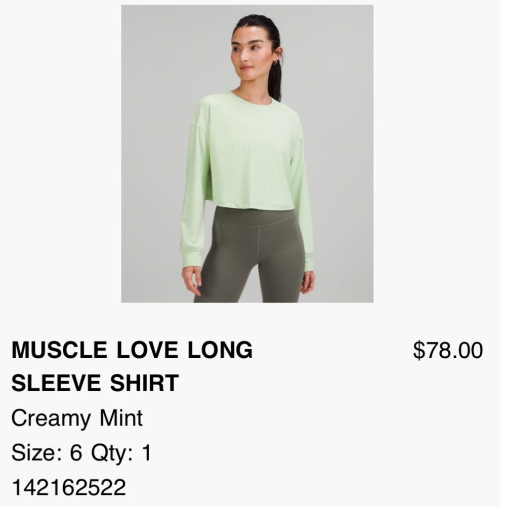 Lululemon Long Sleeve Crop Top Shirt - Creamy Mint Size 6
